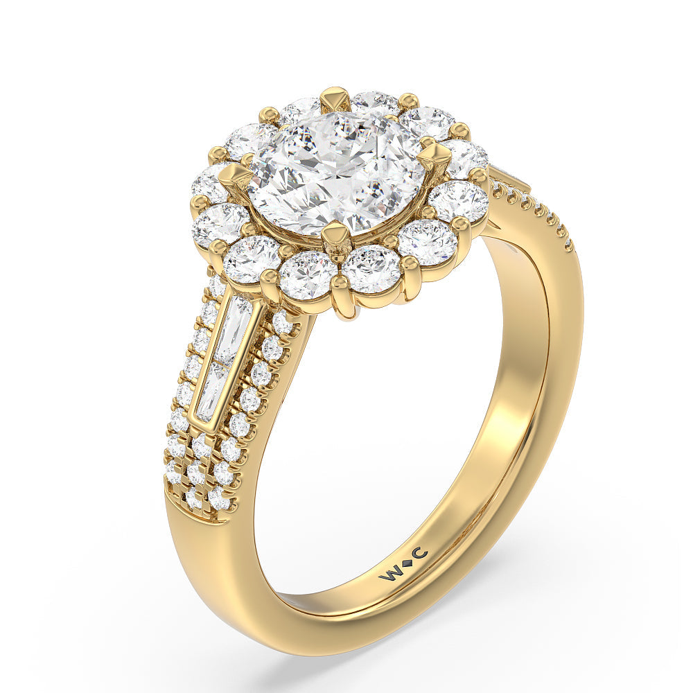 Tapering Baguette Halo Engagement Ring with Round Cut Diamond in 14KT Yellow Gold view 3
