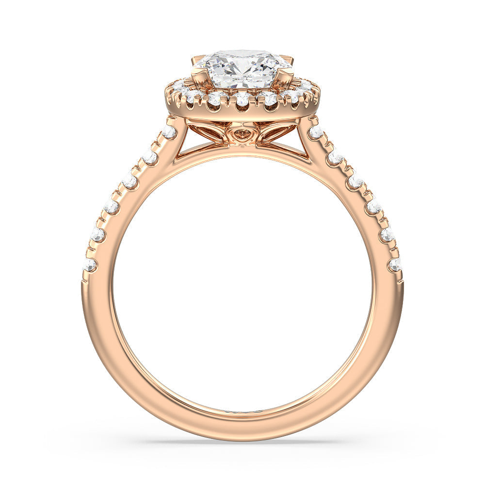Halo Cathedral Studded Shank Floral Basket Engagement Ring with Cushion Cut Diamond in 14KT Rose Gold view 2
