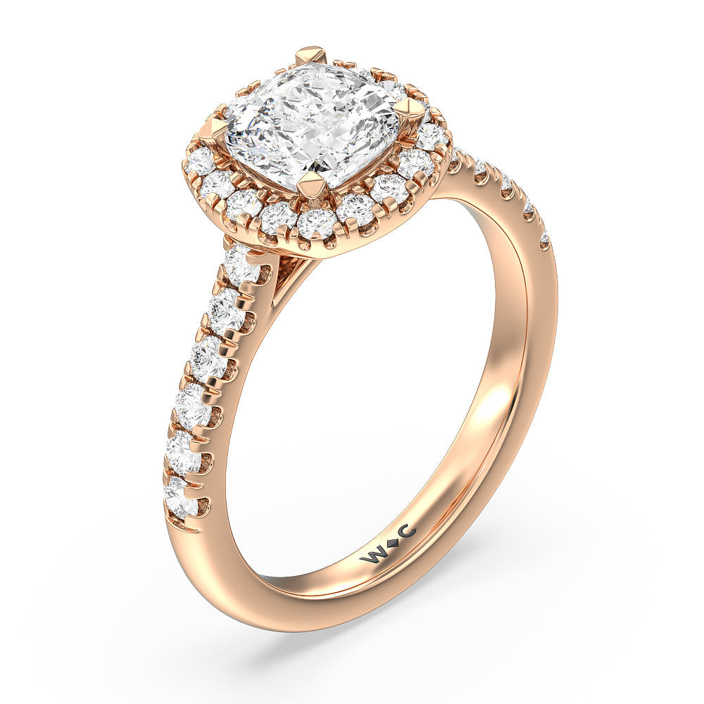 Halo Cathedral Studded Shank Floral Basket Engagement Ring with Cushion Cut Diamond in 14KT Rose Gold view 3
