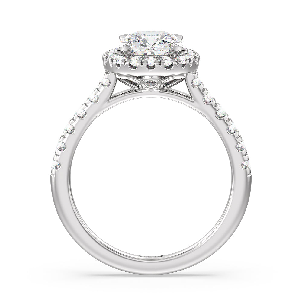 Halo Cathedral Studded Shank Floral Basket Engagement Ring with Cushion Cut Diamond in 14KT Platinum view 2
