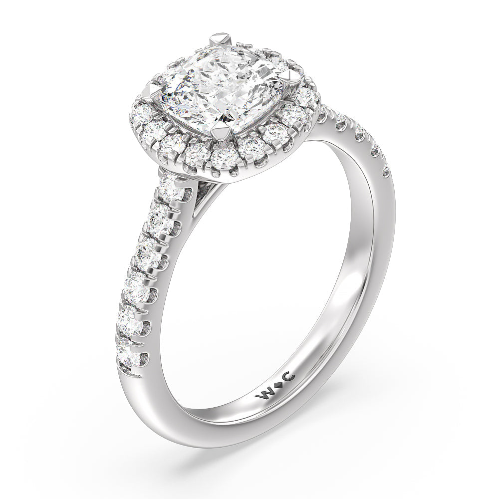 Halo Cathedral Studded Shank Floral Basket Engagement Ring with Cushion Cut Diamond in 14KT Platinum view 3
