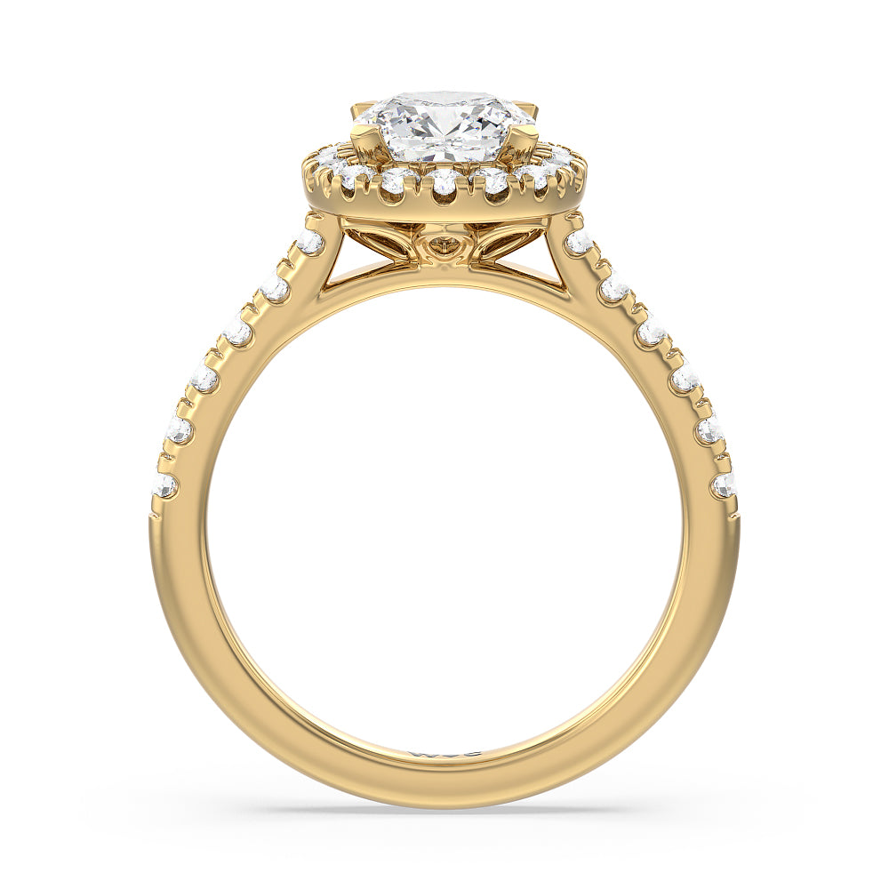 Halo Cathedral Studded Shank Floral Basket Engagement Ring with Cushion Cut Diamond in 14KT Yellow Gold view 2
