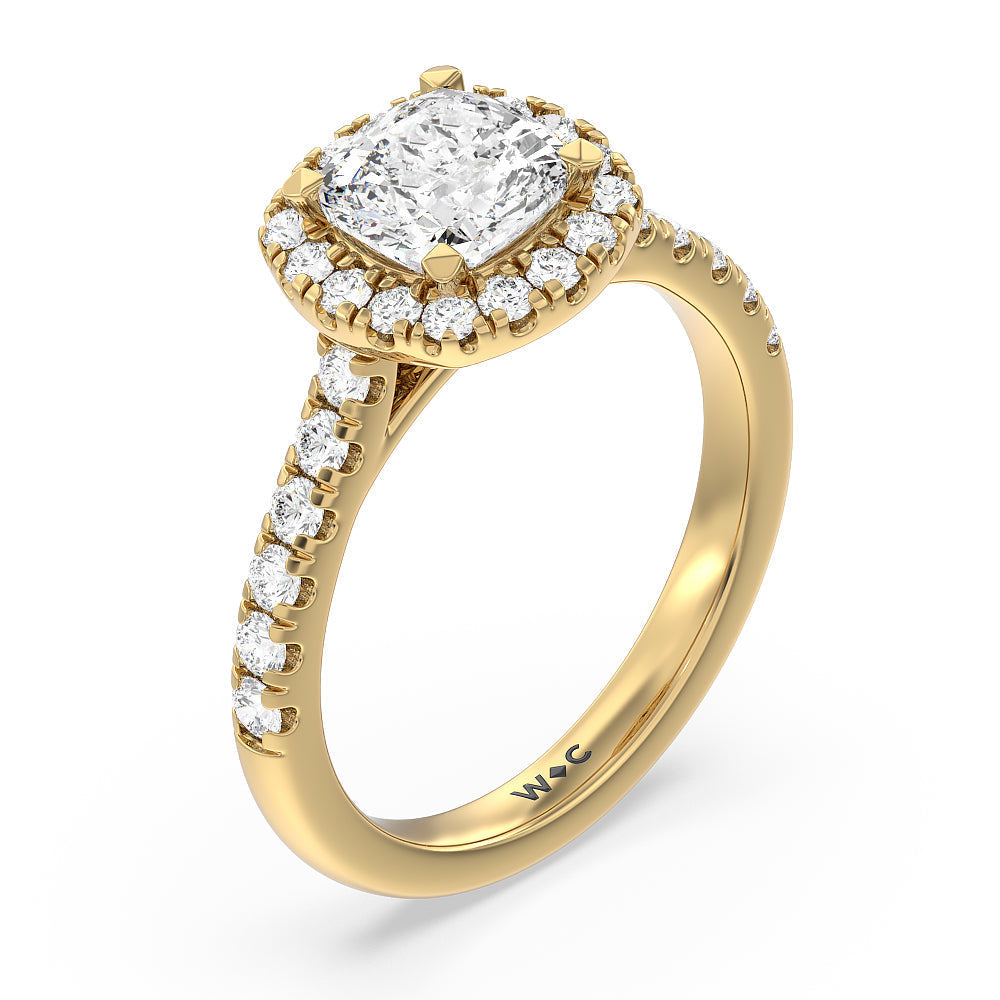 Halo Cathedral Studded Shank Floral Basket Engagement Ring with Cushion Cut Diamond in 14KT Yellow Gold view 3
