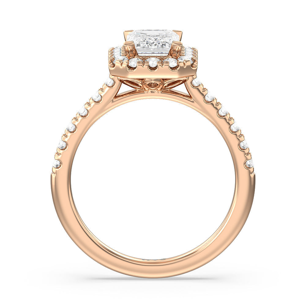Halo Cathedral Studded Shank Floral Basket Engagement Ring with Emerald Cut Diamond in 14KT Rose Gold view 2
