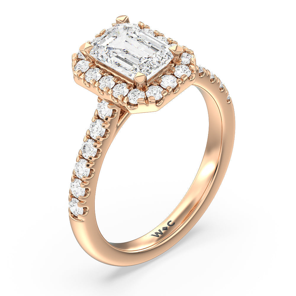 Halo Cathedral Studded Shank Floral Basket Engagement Ring with Emerald Cut Diamond in 14KT Rose Gold view 3
