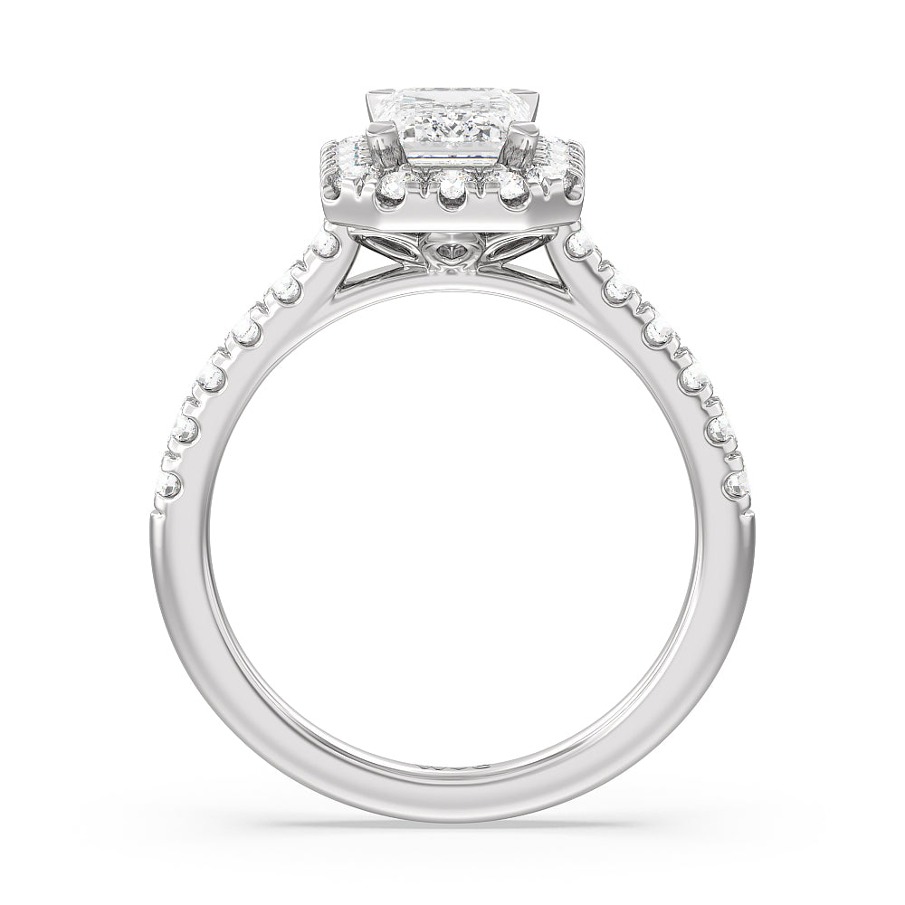 Halo Cathedral Studded Shank Floral Basket Engagement Ring with Emerald Cut Diamond in 14KT Platinum view 2
