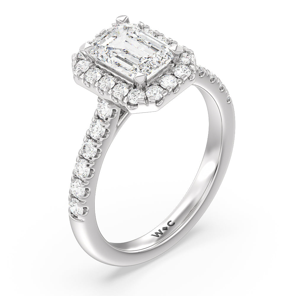Halo Cathedral Studded Shank Floral Basket Engagement Ring with Emerald Cut Diamond in 14KT Platinum view 3
