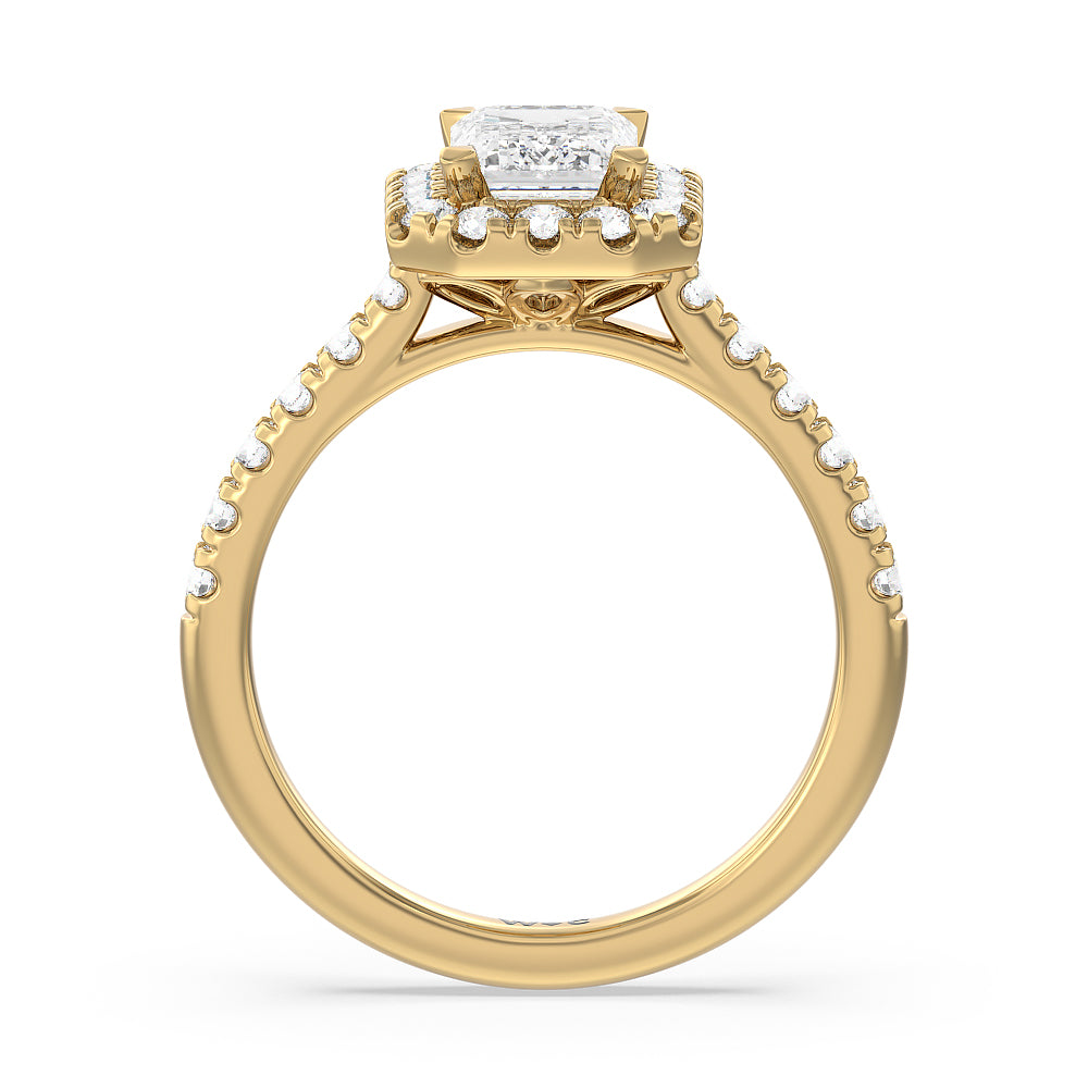 Halo Cathedral Studded Shank Floral Basket Engagement Ring with Emerald Cut Diamond in 14KT Yellow Gold view 2
