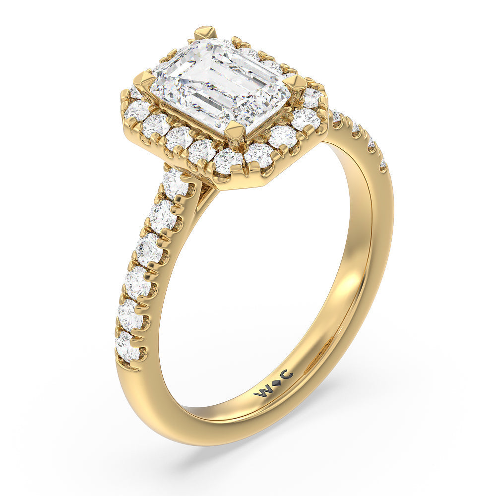 Halo Cathedral Studded Shank Floral Basket Engagement Ring with Emerald Cut Diamond in 14KT Yellow Gold view 3
