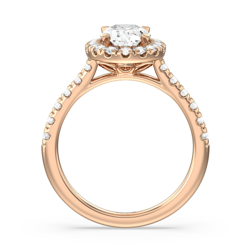 Halo Cathedral Studded Shank Floral Basket Engagement Ring with Oval Cut Diamond in 14KT Rose Gold view 2
