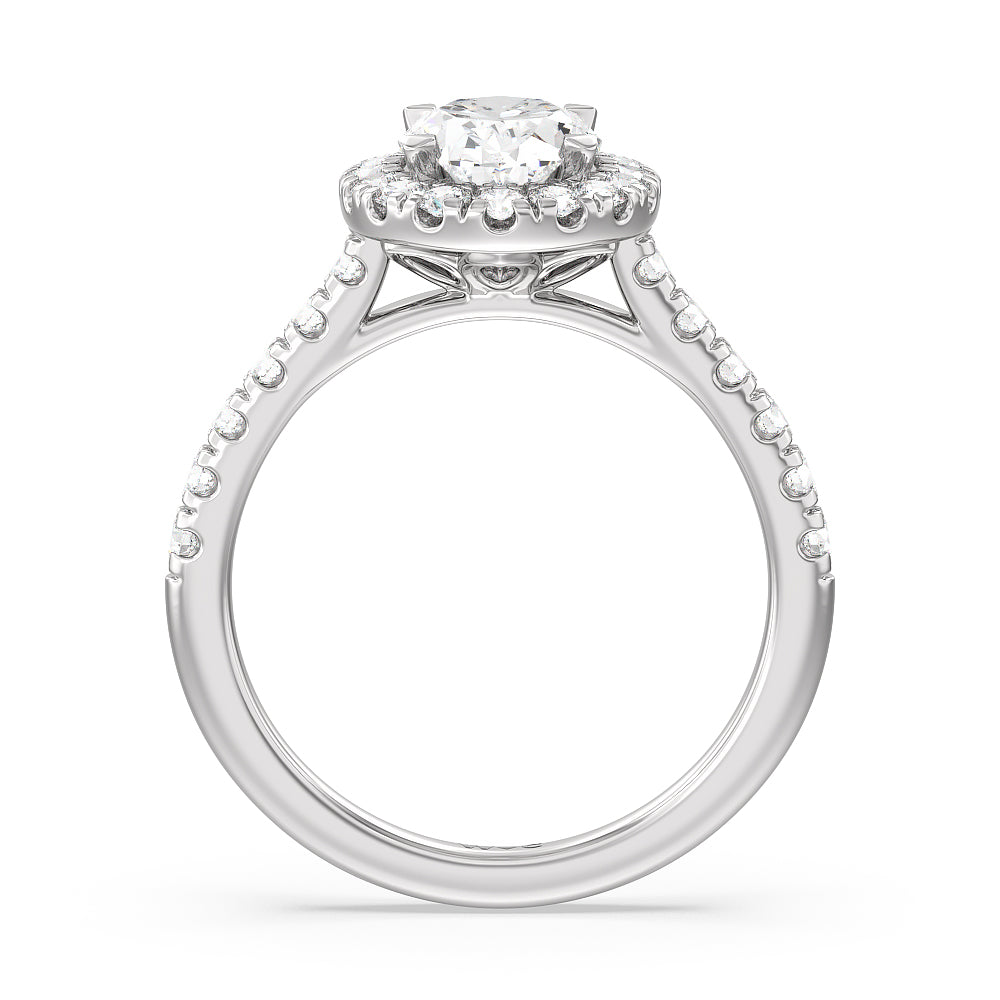 Halo Cathedral Studded Shank Floral Basket Engagement Ring with Oval Cut Diamond in 14KT Platinum view 2
