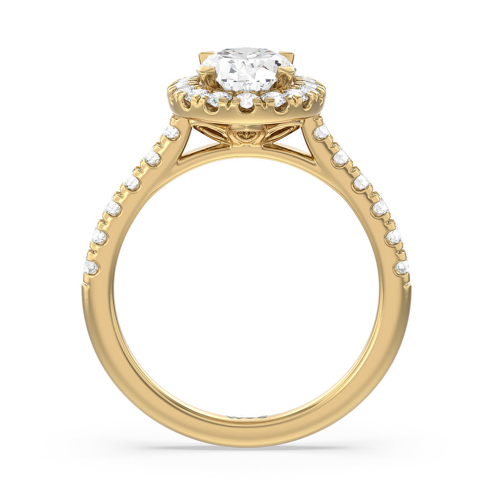 Halo Cathedral Studded Shank Floral Basket Engagement Ring with Oval Cut Diamond in 14KT Yellow Gold view 2
