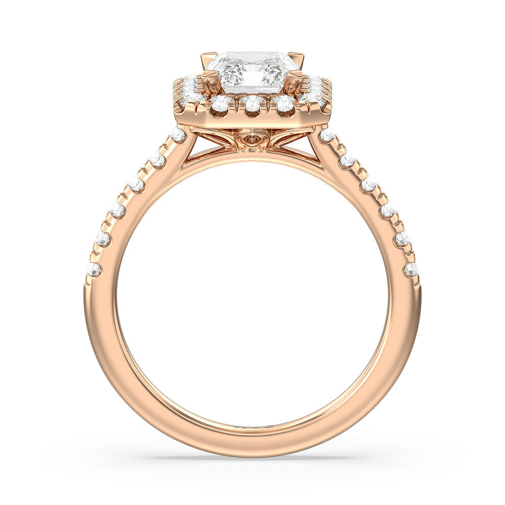 Halo Cathedral Studded Shank Floral Basket Engagement Ring with Radiant Cut Diamond in 14KT Rose Gold view 2
