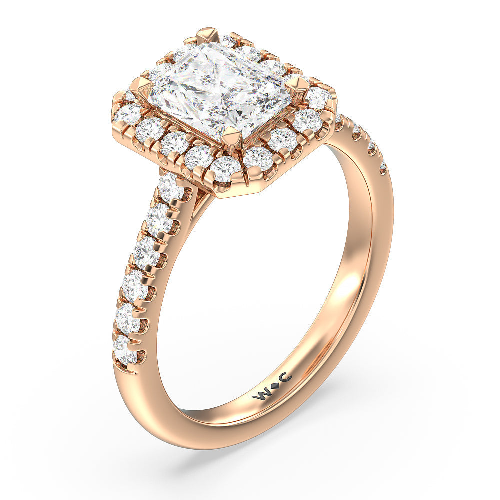 Halo Cathedral Studded Shank Floral Basket Engagement Ring with Radiant Cut Diamond in 14KT Rose Gold view 3

