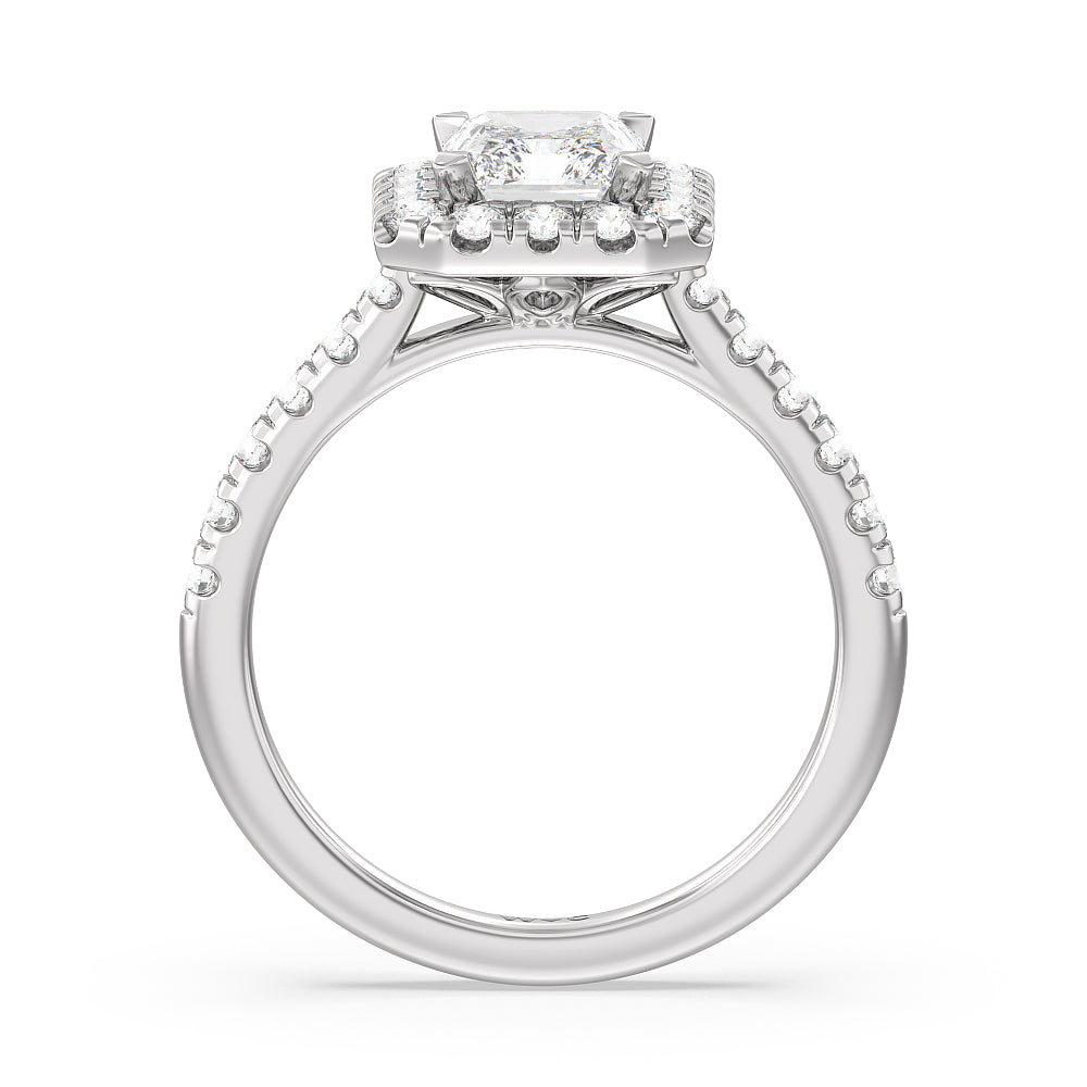 Halo Cathedral Studded Shank Floral Basket Engagement Ring with Radiant Cut Diamond in 14KT Platinum view 2

