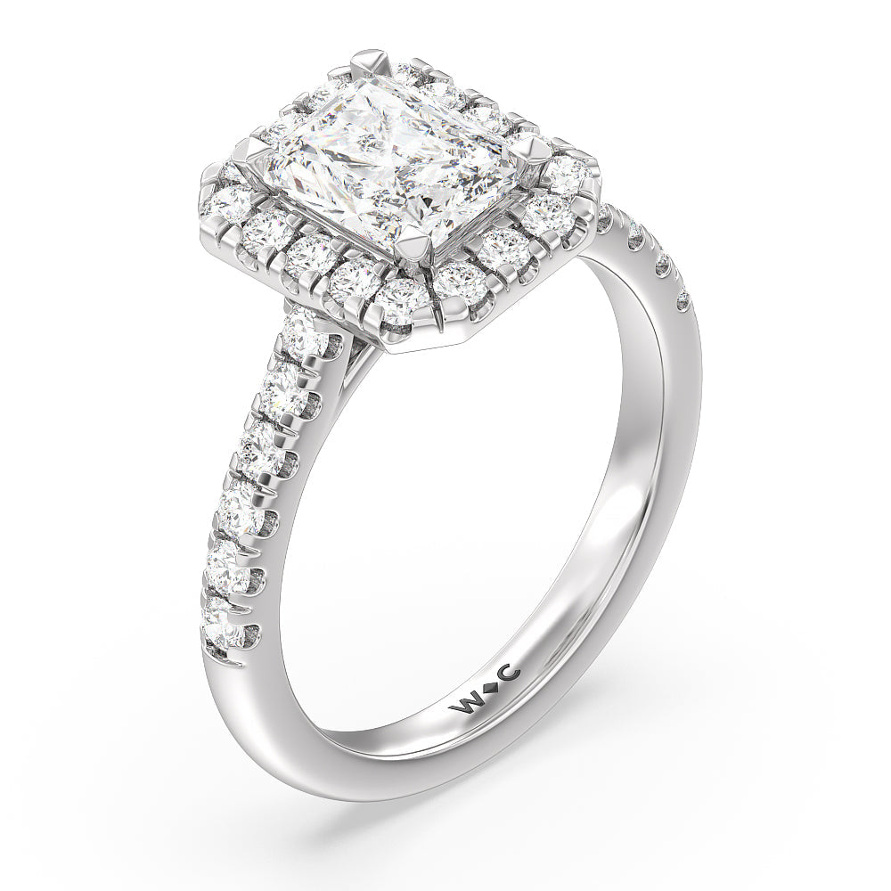 Halo Cathedral Studded Shank Floral Basket Engagement Ring with Radiant Cut Diamond in 14KT Platinum view 3
