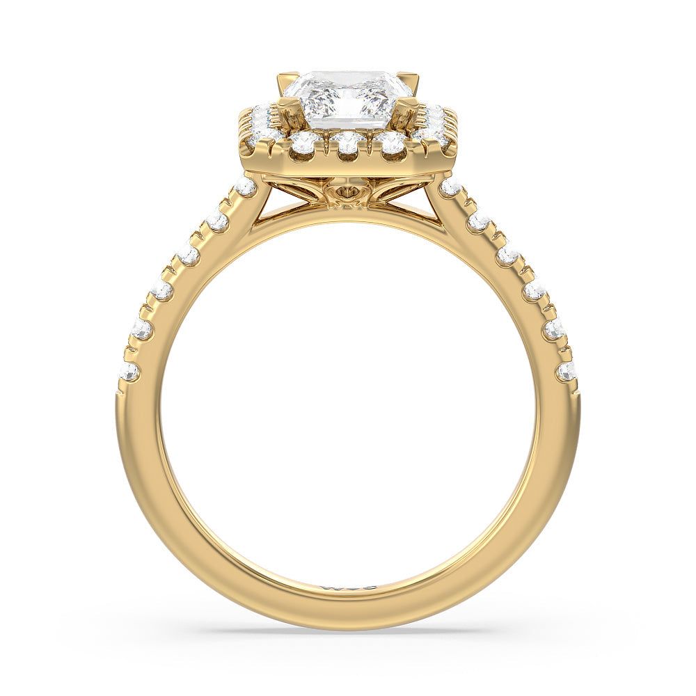 Halo Cathedral Studded Shank Floral Basket Engagement Ring with Radiant Cut Diamond in 14KT Yellow Gold view 2
