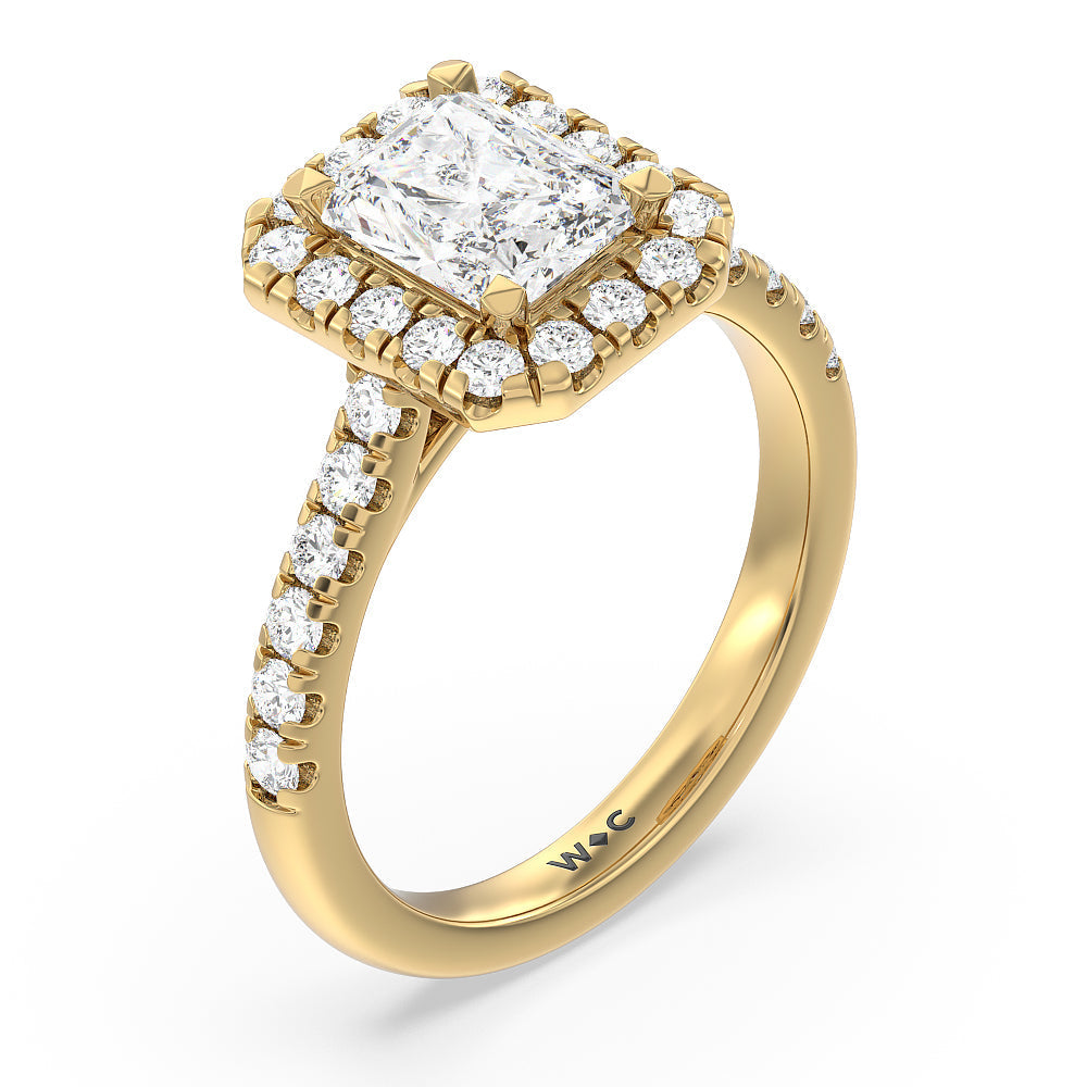 Halo Cathedral Studded Shank Floral Basket Engagement Ring with Radiant Cut Diamond in 14KT Yellow Gold view 3
