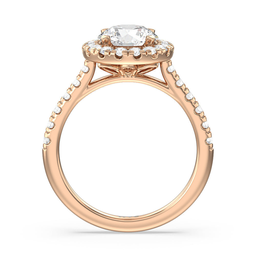 Halo Cathedral Studded Shank Floral Basket Engagement Ring with Round Cut Diamond in 14KT Rose Gold view 2
