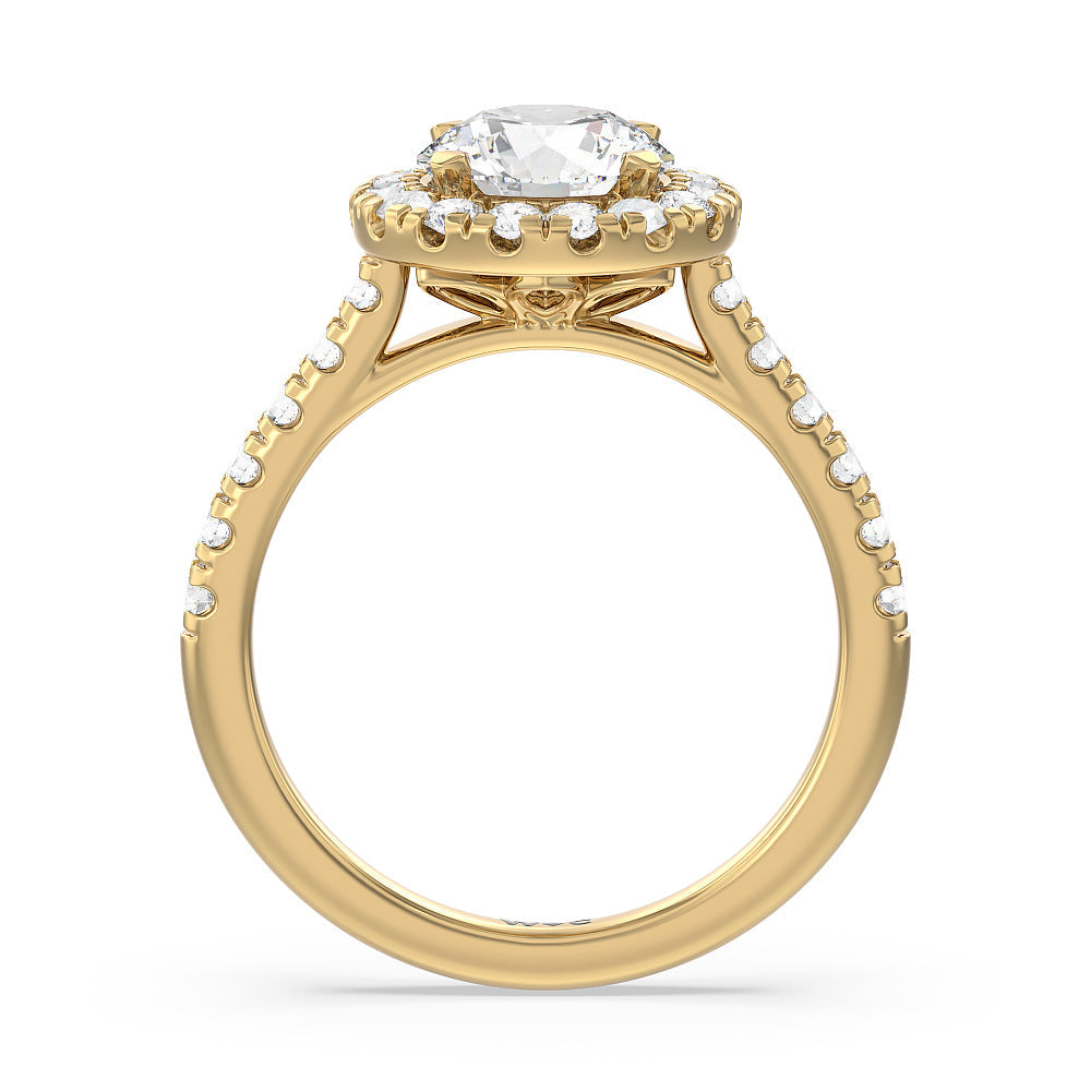 Halo Cathedral Studded Shank Floral Basket Engagement Ring with Round Cut Diamond in 14KT Yellow Gold view 2
