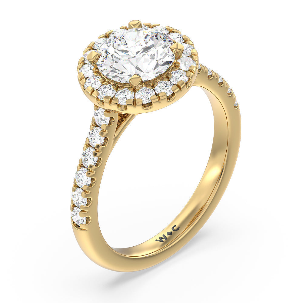 Halo Cathedral Studded Shank Floral Basket Engagement Ring with Round Cut Diamond in 14KT Yellow Gold view 3
