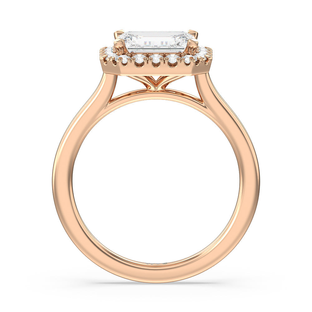 West Emerald Cut East West Halo Cathedral Engagement Ring with Lab Grown Diamond in 14KT Rose Gold view 2
