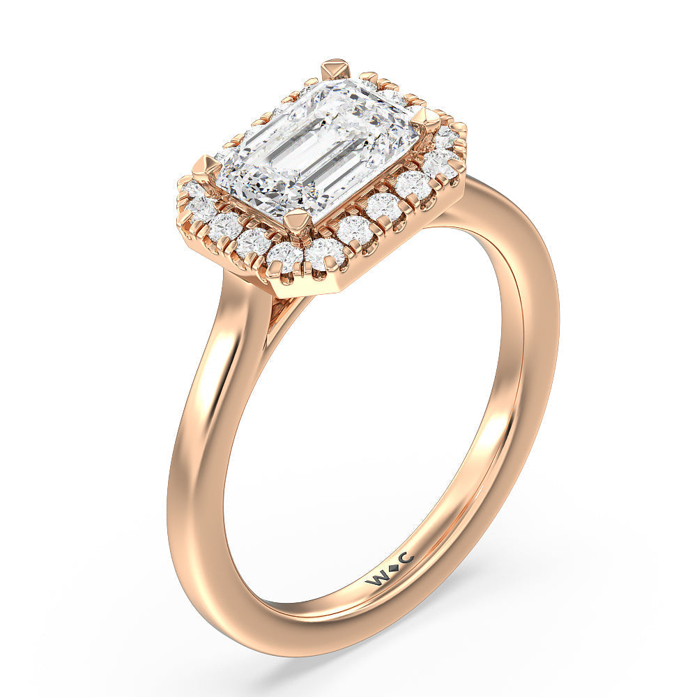 West Emerald Cut East West Halo Cathedral Engagement Ring with Lab Grown Diamond in 14KT Rose Gold view 3
