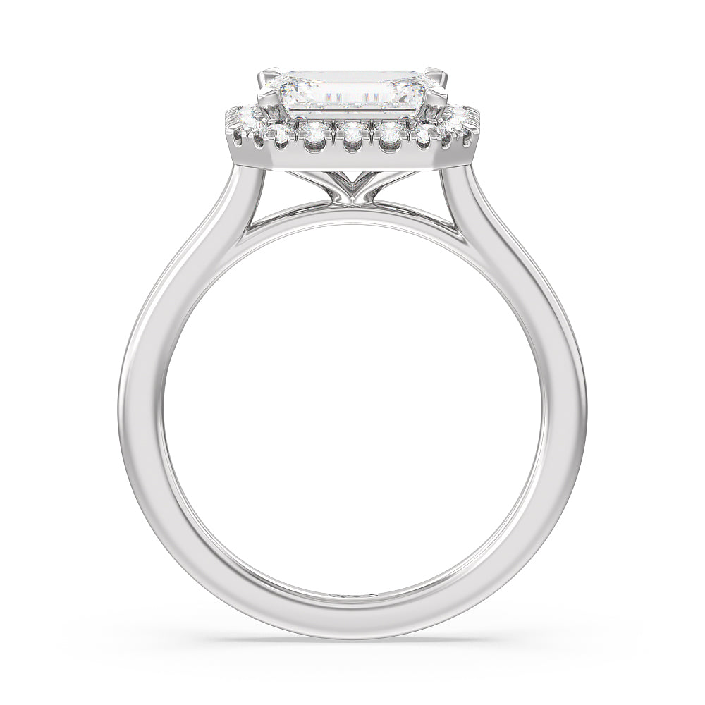 West Emerald Cut East West Halo Cathedral Engagement Ring with Lab Grown Diamond in 14KT Platinum view 2
