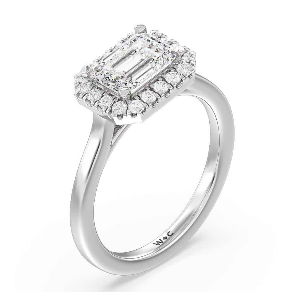 West Emerald Cut East West Halo Cathedral Engagement Ring with Lab Grown Diamond in 14KT Platinum view 3
