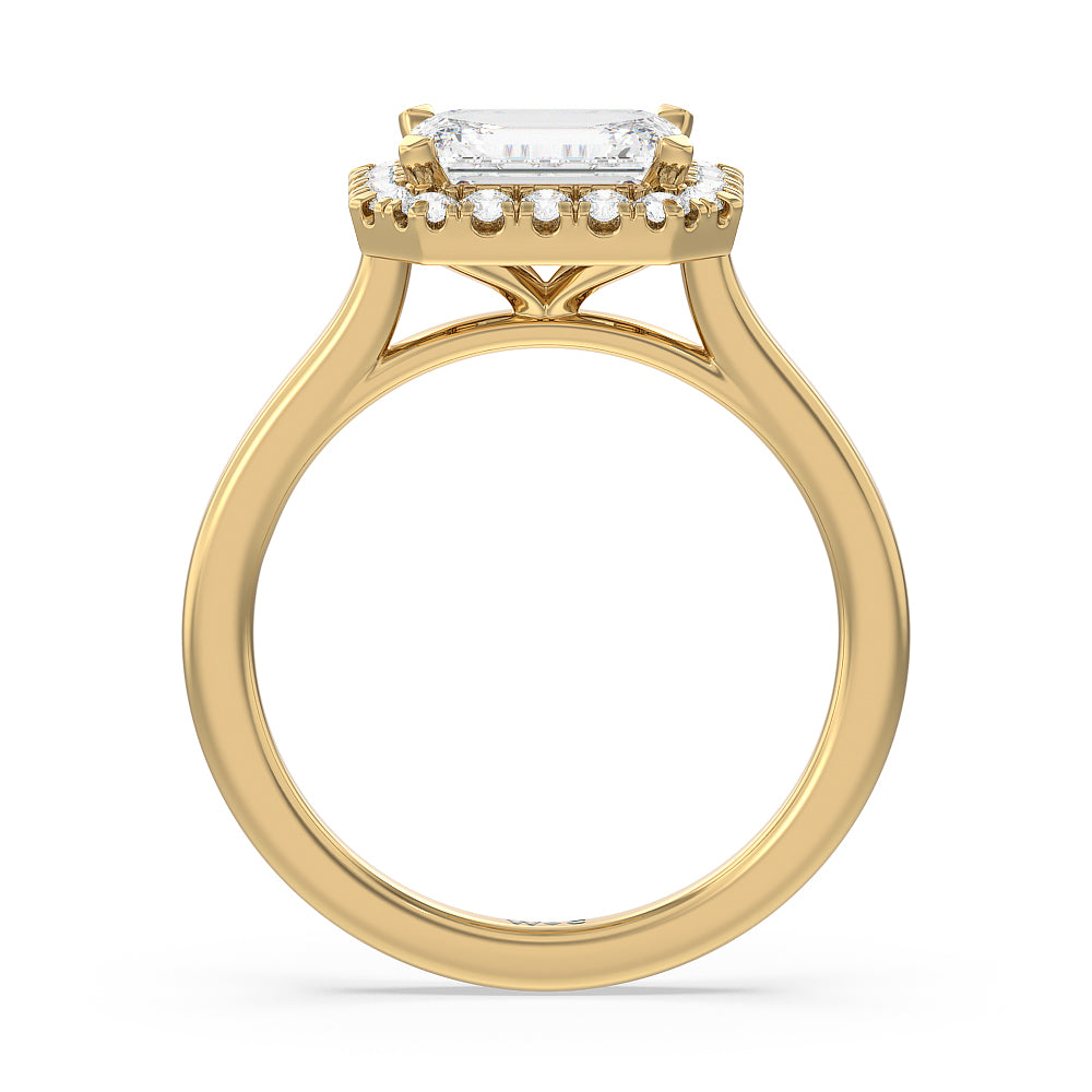 West Emerald Cut East West Halo Cathedral Engagement Ring with Lab Grown Diamond in 14KT Yellow Gold view 2

