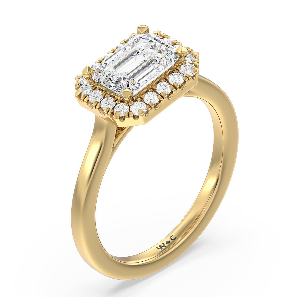 West Emerald Cut East West Halo Cathedral Engagement Ring with Lab Grown Diamond in 14KT Yellow Gold view 3
