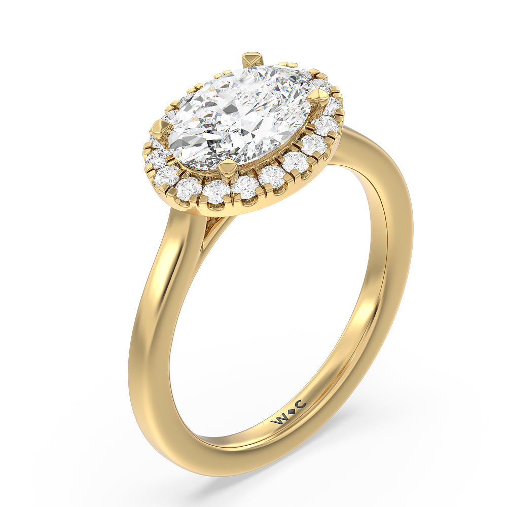West Oval Cut East West Halo Cathedral Engagement Ring with Lab Grown Diamond in 14KT Yellow Gold view 3
