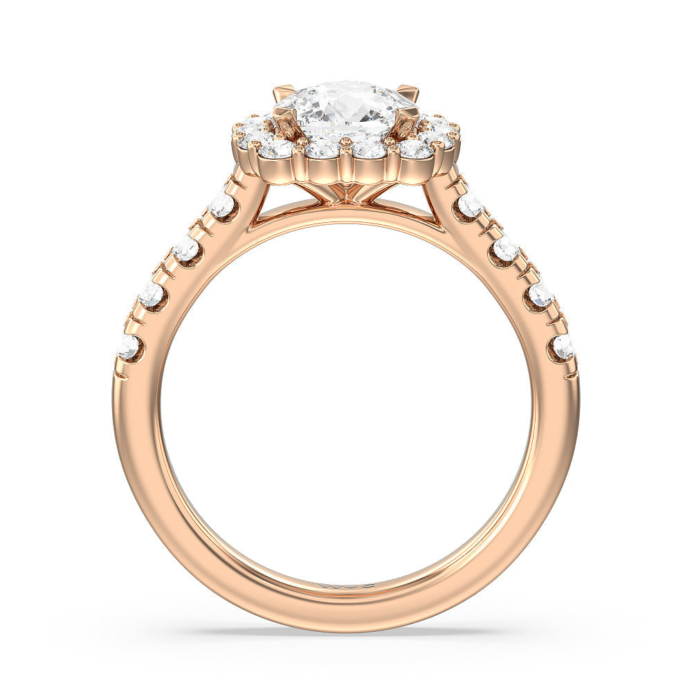 Broad Halo Cathedral Engagement Ring with Cushion Cut Diamond in 14KT Rose Gold view 2
