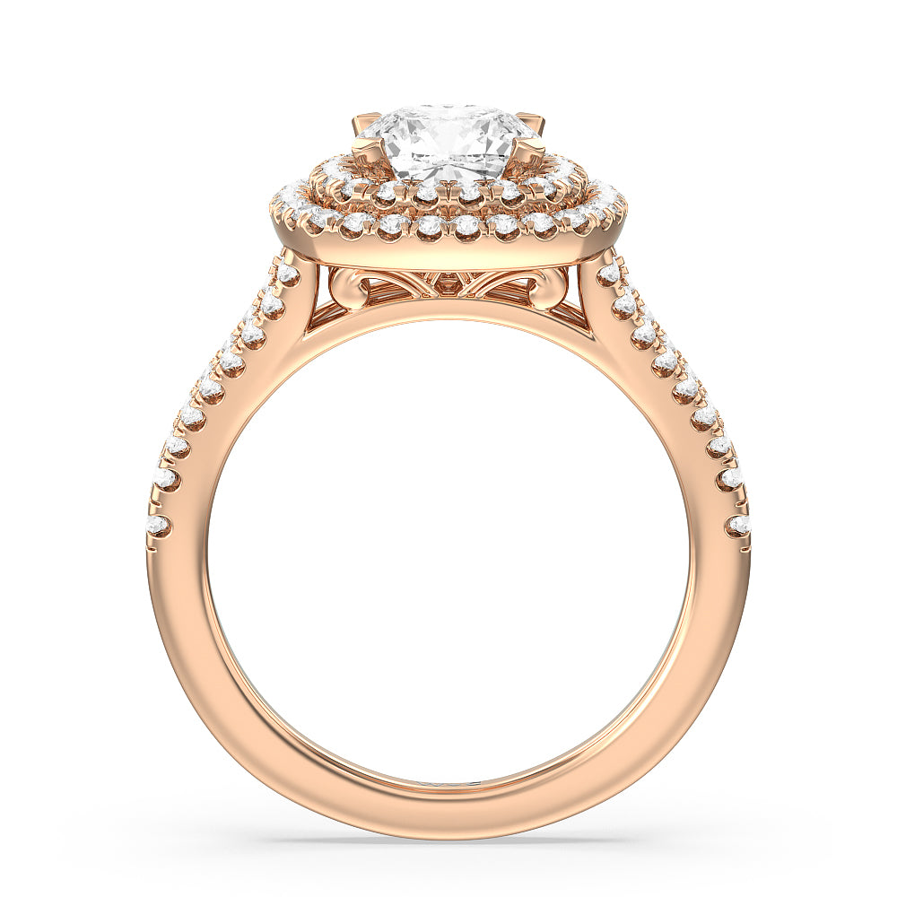 Cushion Cut Double Halo Split Shank Cathedral Engagement Ring with Lab Grown Diamond in 14KT Rose Gold view 2

