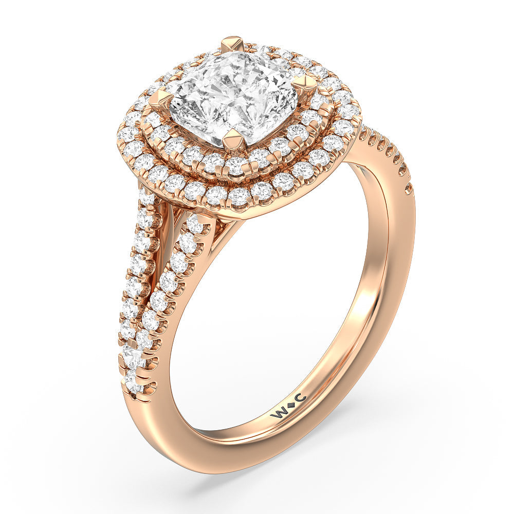 Cushion Cut Double Halo Split Shank Cathedral Engagement Ring with Lab Grown Diamond in 14KT Rose Gold view 3

