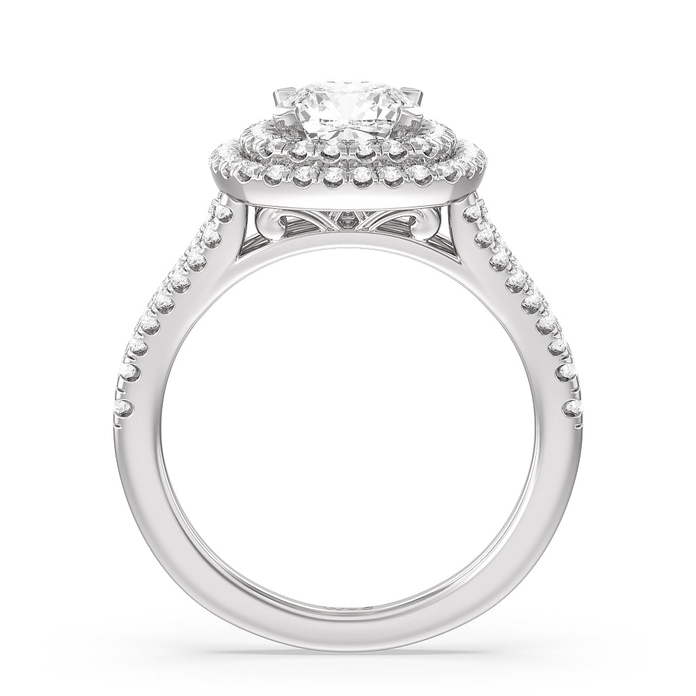 Cushion Cut Double Halo Split Shank Cathedral Engagement Ring with Lab Grown Diamond in 14KT Platinum view 2

