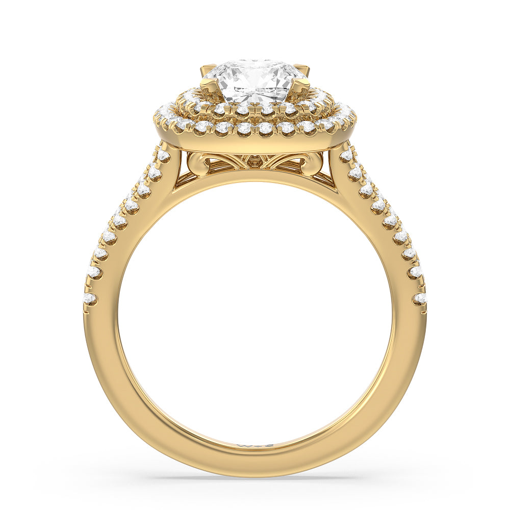Cushion Cut Double Halo Split Shank Cathedral Engagement Ring with Lab Grown Diamond in 14KT Yellow Gold view 2
