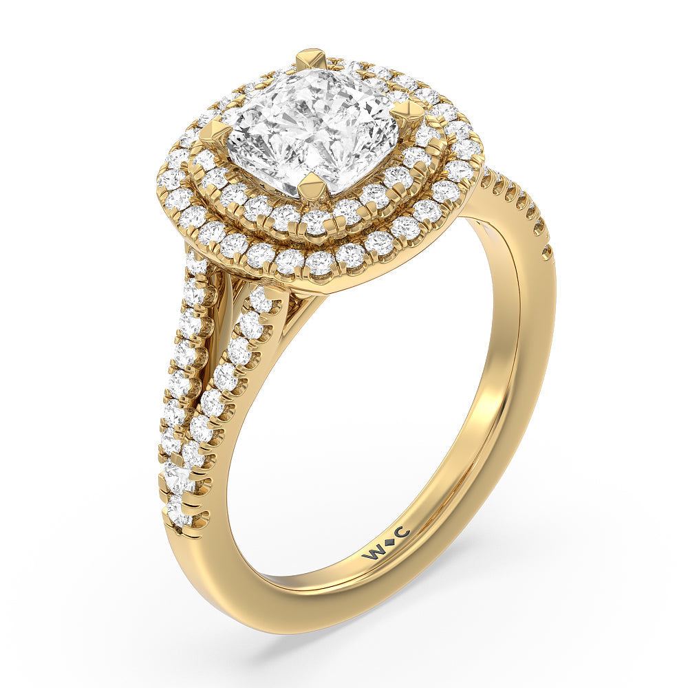 Cushion Cut Double Halo Split Shank Cathedral Engagement Ring with Lab Grown Diamond in 14KT Yellow Gold view 3
