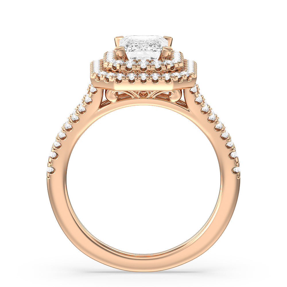 Emerald Cut Double Halo Split Shank Cathedral Engagement Ring with Lab Grown Diamond in 14KT Rose Gold view 2
