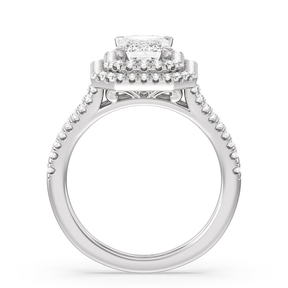 Emerald Cut Double Halo Split Shank Cathedral Engagement Ring with Lab Grown Diamond in 14KT Platinum view 2
