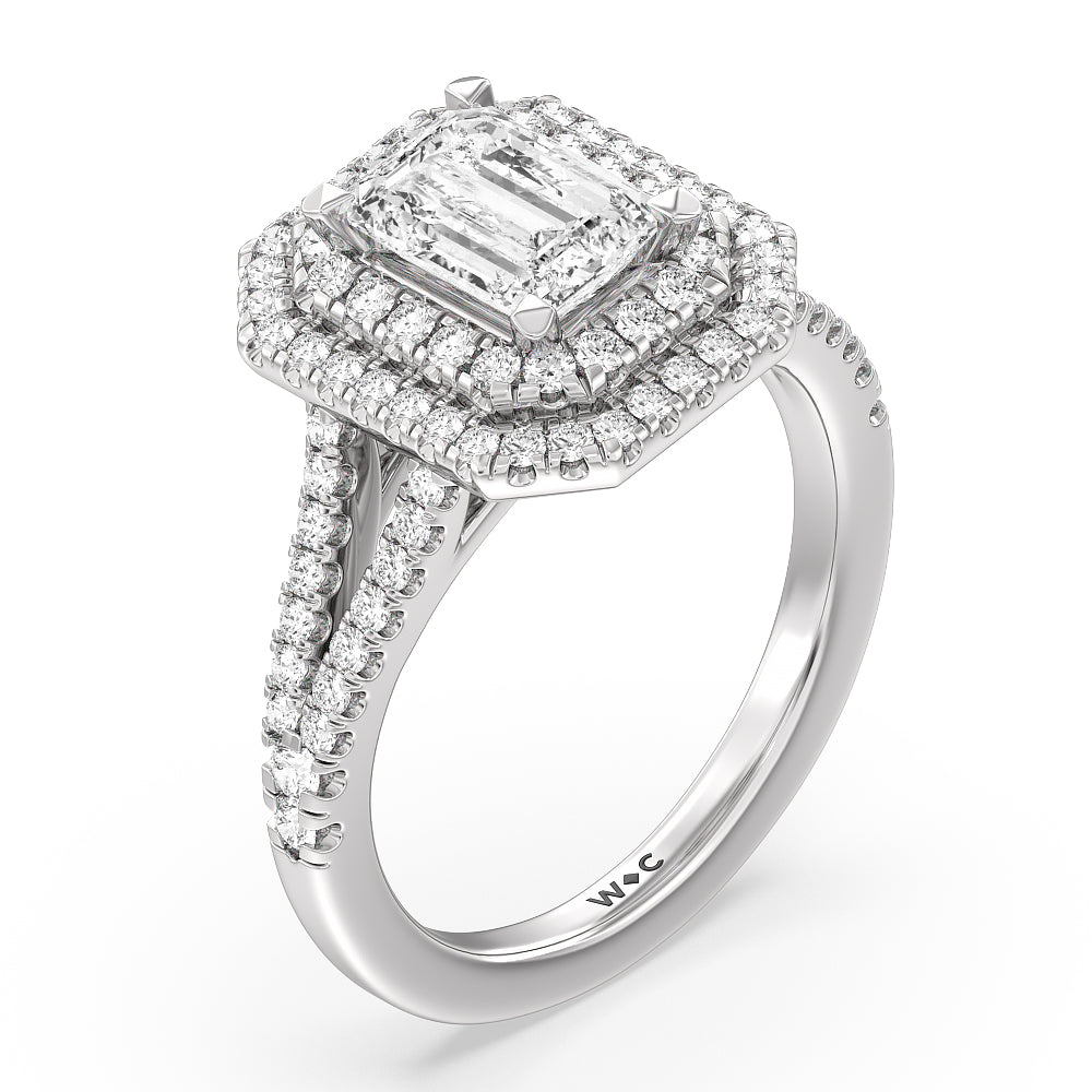 Emerald Cut Double Halo Split Shank Cathedral Engagement Ring with Lab Grown Diamond in 14KT Platinum view 3

