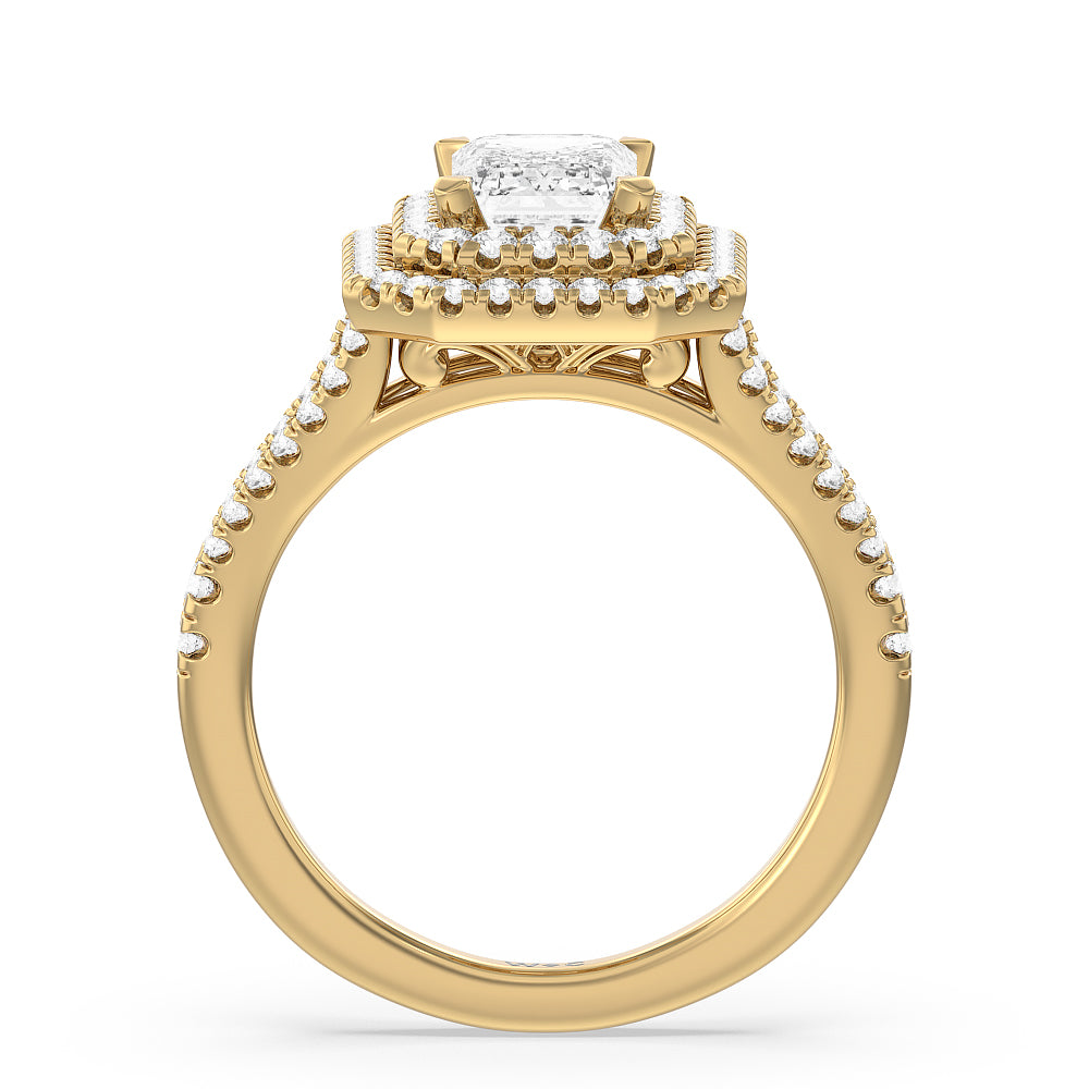 Emerald Cut Double Halo Split Shank Cathedral Engagement Ring with Lab Grown Diamond in 14KT Yellow Gold view 2

