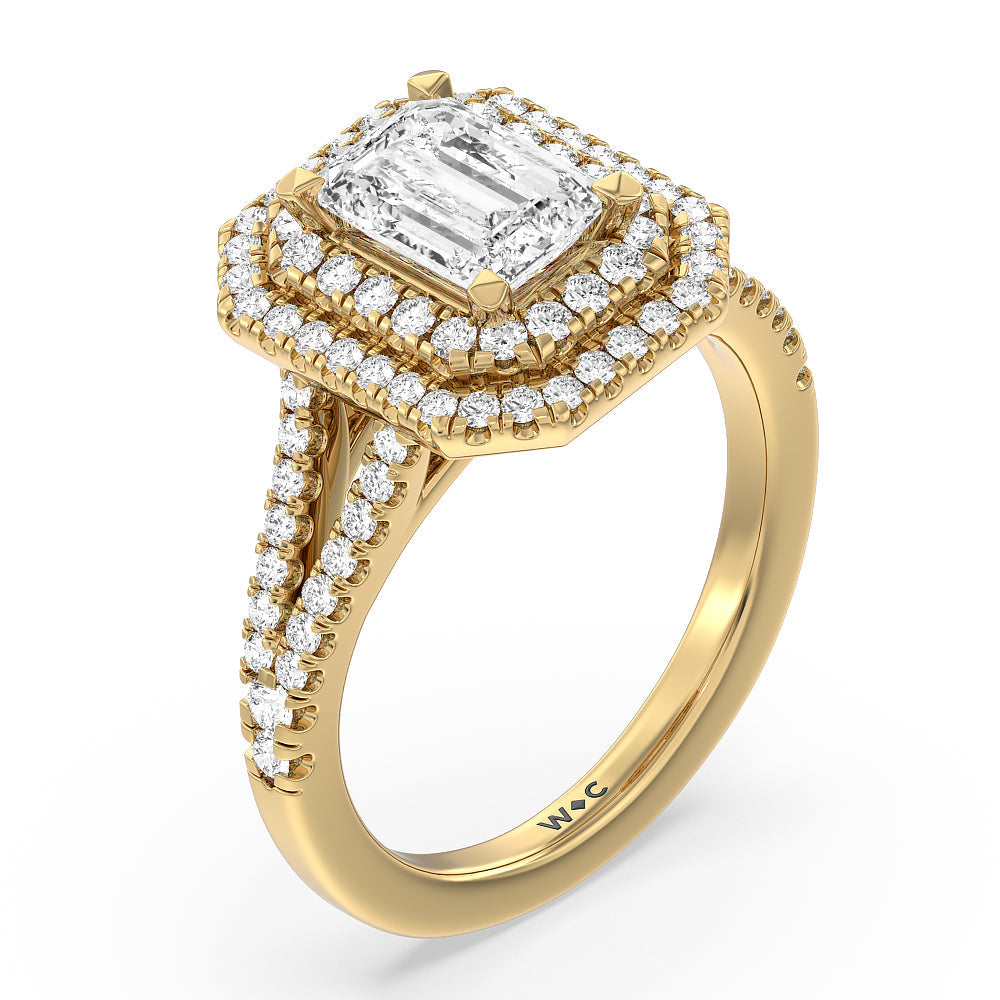Emerald Cut Double Halo Split Shank Cathedral Engagement Ring with Lab Grown Diamond in 14KT Yellow Gold view 3
