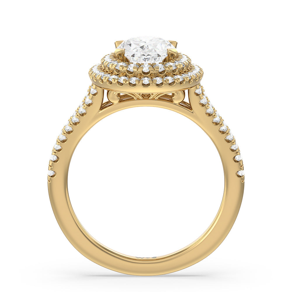 Oval Cut Double Halo Split Shank Cathedral Engagement Ring with Lab Grown Diamond in 14KT Yellow Gold view 2

