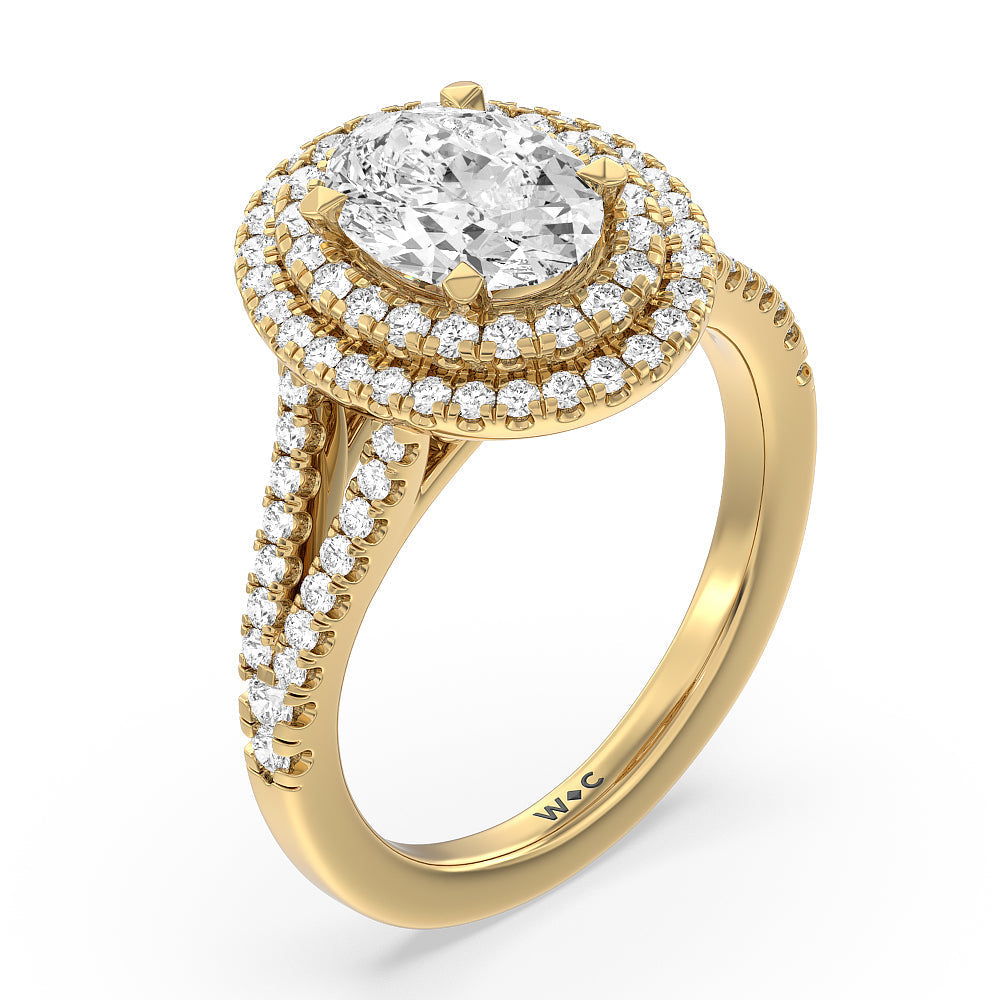 Oval Cut Double Halo Split Shank Cathedral Engagement Ring with Lab Grown Diamond in 14KT Yellow Gold view 3
