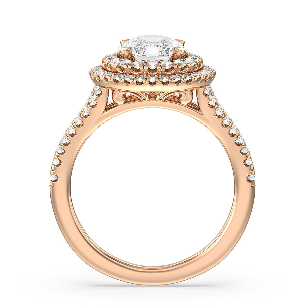 Radiant Cut Double Halo Split Shank Cathedral Engagement Ring with Lab Grown Diamond in 14KT Rose Gold view 2
