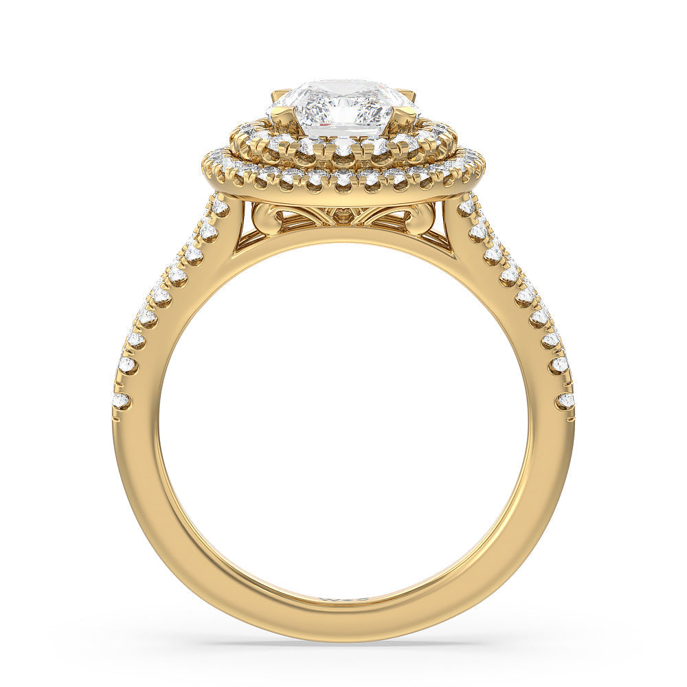Radiant Cut Double Halo Split Shank Cathedral Engagement Ring with Lab Grown Diamond in 14KT Yellow Gold view 2
