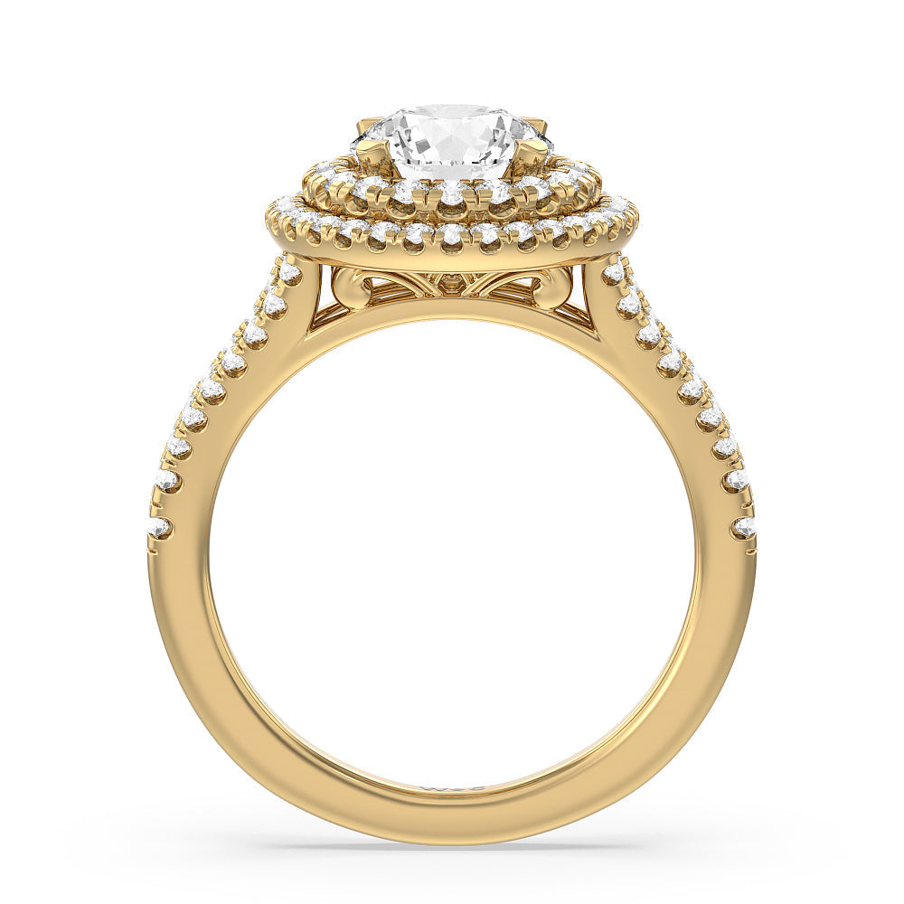 Round Cut Double Halo Split Shank Cathedral Engagement Ring with Lab Grown Diamond in 14KT Yellow Gold view 2
