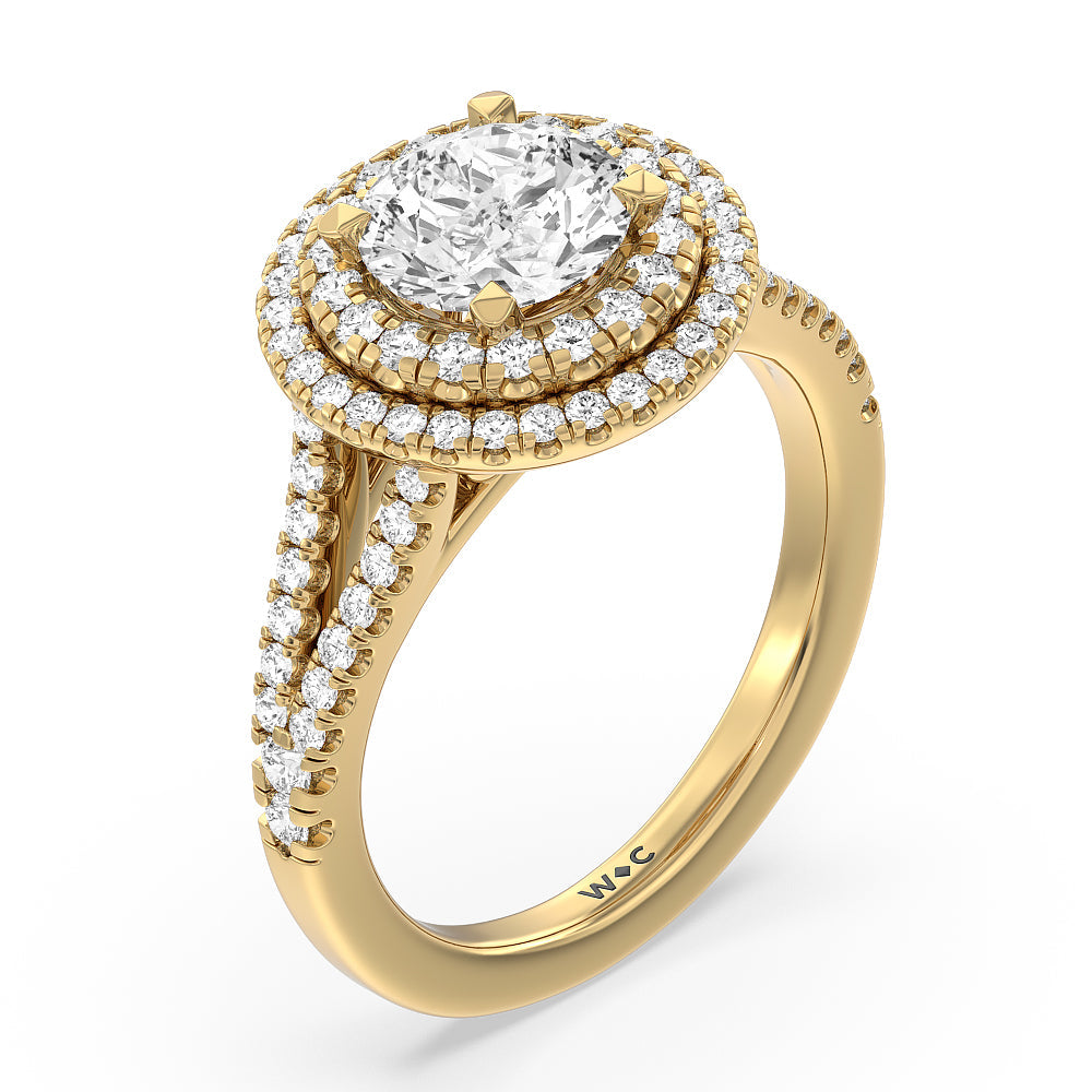 Round Cut Double Halo Split Shank Cathedral Engagement Ring with Lab Grown Diamond in 14KT Yellow Gold view 3
