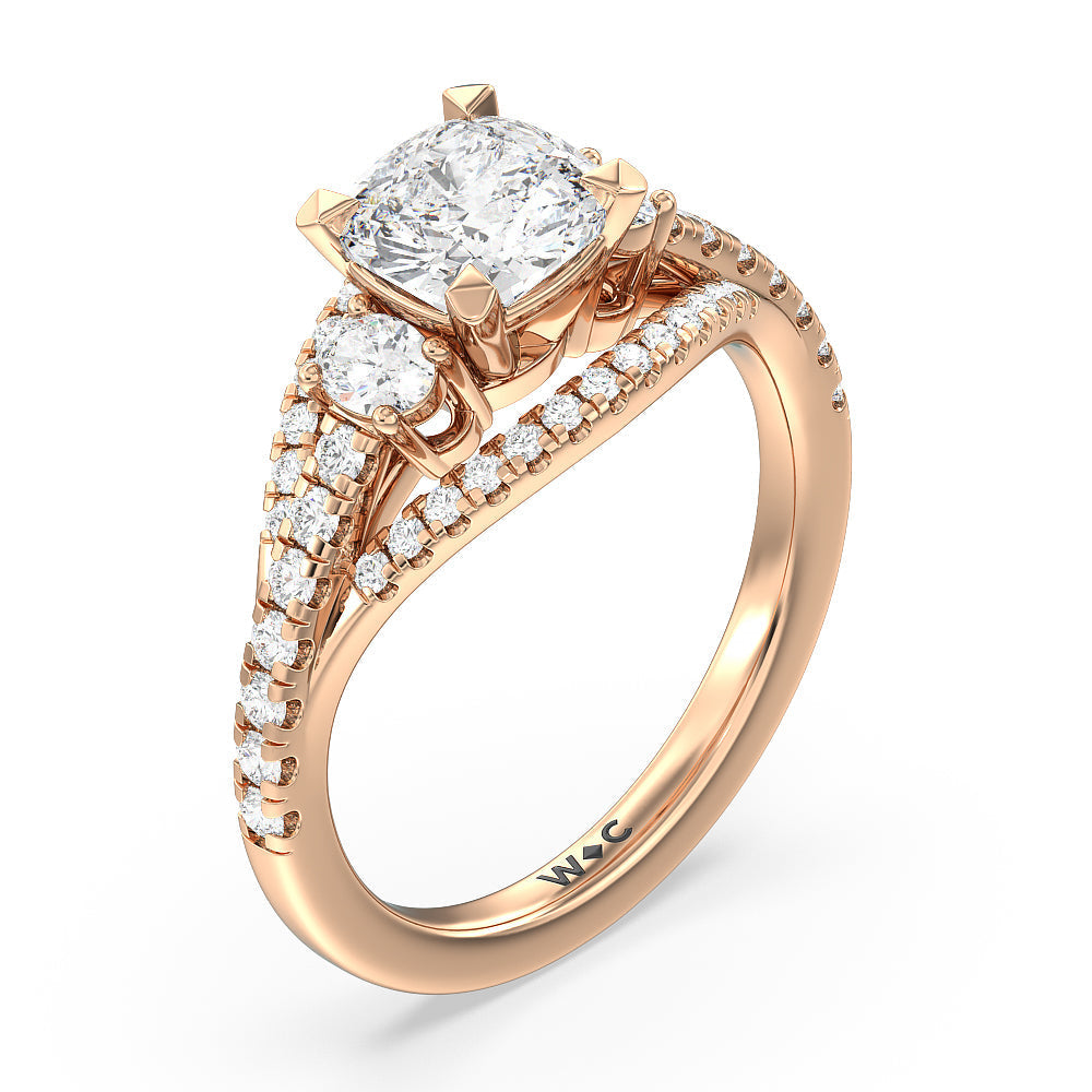 Side Stone Bridge Accent Engagement Ring with Cushion Cut Diamond in 14KT Rose Gold view 3
